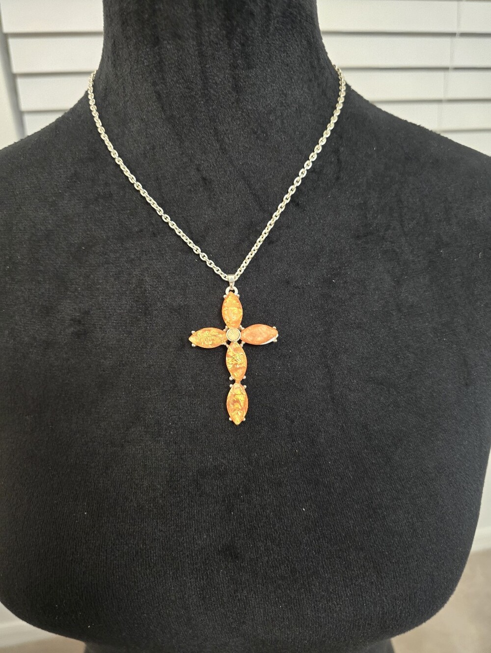 Orange Cross Pendant Necklace - Women's Jewelry. Silver Toned